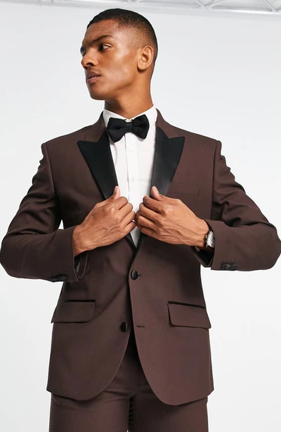 Asos Design Slim Linen Mix Suit Jacket In Burgundy-red In Brown
