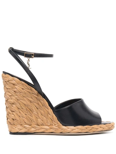Saint Laurent Paloma Leather Ankle-strap Wedge Espadrilles In Black