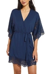 Eberjey Beatrix Lace-trimmed Stretch-tencel Modal Robe In Navy