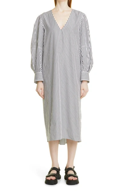 Maria Mcmanus Stripe Long Sleeve Organic Cotton Poplin Midi Dress In Bxw Stripe