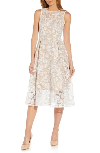 Adrianna Papell Floral Embroidered Fit & Flare Midi Dress In Ivory/ Bisque