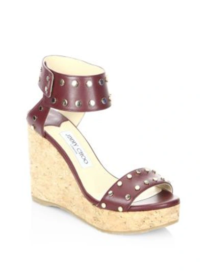 Jimmy Choo Nellie Studded Leather Cork Wedge Sandals In Vino