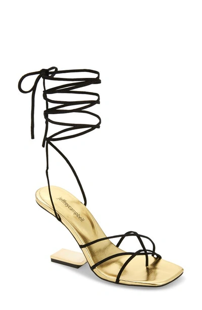 Jeffrey Campbell Bijoux Ankle Tie Wedge Sandal In Black Suede Gold