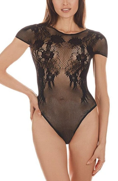 Memoi Analise Paradise Floral Mesh Bodysuit In Black
