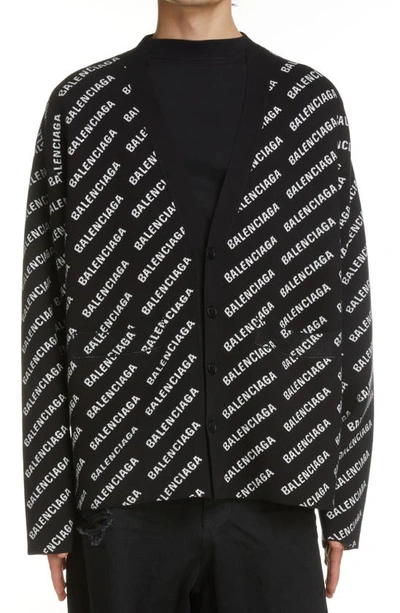 Balenciaga Mini Allover Logo Cotton & Wool Blend Cardigan In Black