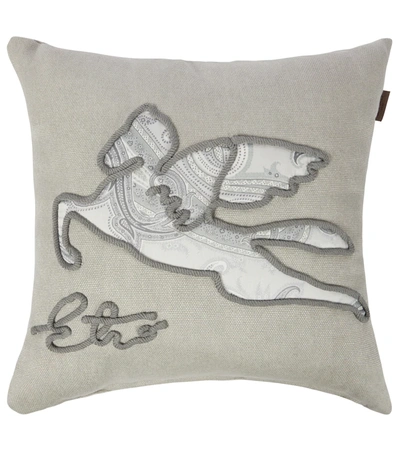 Etro Pegaso Embroidered Cotton Cushion In Beige