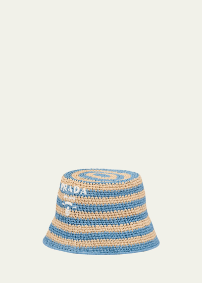 Prada Logo Striped Raffia Bucket Hat In F0njx Naturale Pe