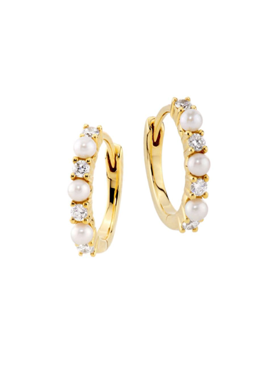 Saks Fifth Avenue Women's 14k Yellow Gold, Cultured Freshwater Pearl & 0.14 Tcw Diamond Huggie Hoop Earrings