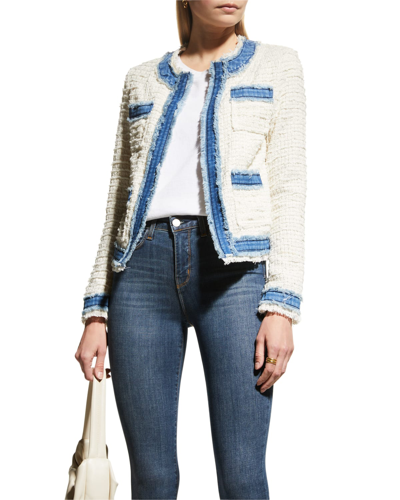 L Agence Agnes Tweed And Denim Open Front Jacket In White