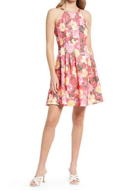 Vince Camuto Plus Womens Floral Print Knee-length Fit & Flare Dress In Pink