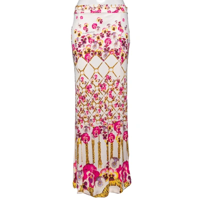 Pre-owned Class By Roberto Cavalli Cream Floral Printed Silk Slit Detailed Maxi Skirt M