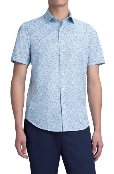 Bugatchi Tech Print Stretch Cotton Short Sleeve Button-up Shirt In Aqua