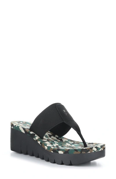 Fly London Yomu Wedge Flip Flop In 004 Black/ Camo