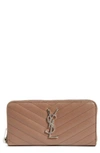 Saint Laurent 'monogram' Zip Around Quilted Calfskin Leather Wallet In Fard