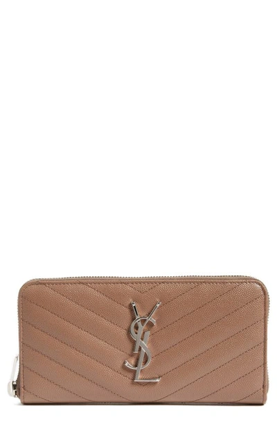 Saint Laurent 'monogram' Zip Around Quilted Calfskin Leather Wallet In Fard