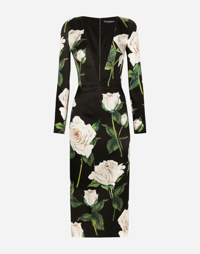 Dolce & Gabbana Satin Calf-length Dress With White Rose Print In Multicolor