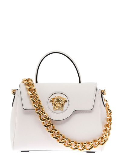Versace La Medusa Leather Shoulder Bag In White Gold