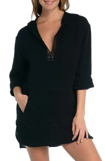 La Blanca Hooded Cotton Gauze Cover-up Tunic In Black