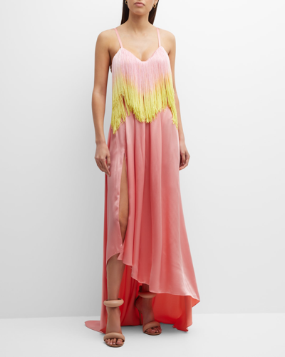 Halpern Ombre Fringe Sleeveless Satin High-low Gown In Multi