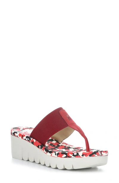 Fly London Yomu Wedge Flip Flop In 007 Lipstick Red Camo