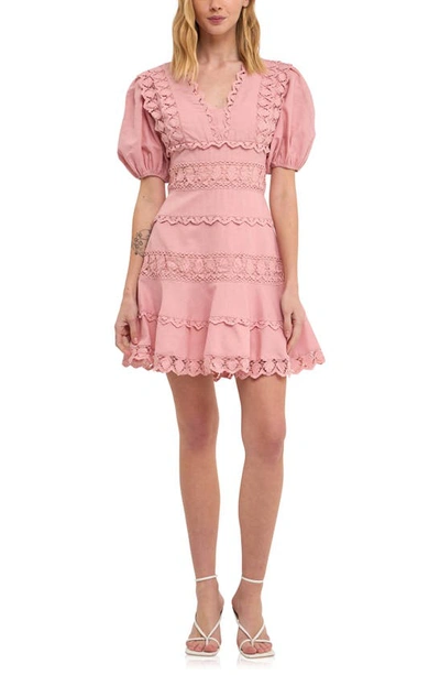 Endless Rose Plunging Lace Trim Dress With Puff Sleeve In Pink