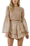 Endless Rose Smocked Bell Sleeve Crop Top In Beige