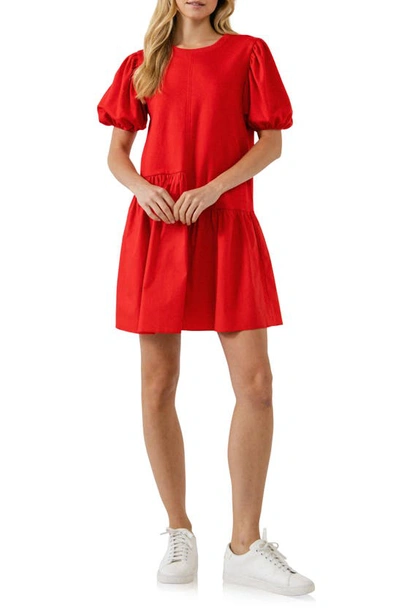 English Factory Puff Shoulder Mixed Media Minidress In Red