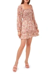1.state Smocked Square Neck Long Sleeve Dress In Pink Flower