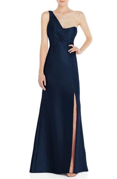 Alfred Sung One-shoulder Satin Twill Trumpet Gown In Midnight Navy