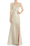 Alfred Sung One-shoulder Satin Twill Trumpet Gown In Champagne