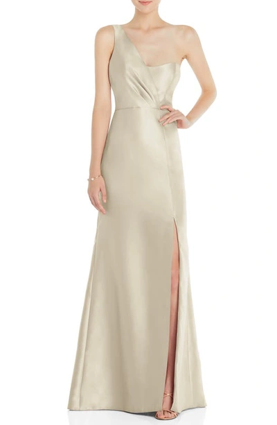 Alfred Sung One-shoulder Satin Twill Trumpet Gown In Champagne