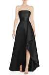 Alfred Sung Strapless Satin Gown In Black