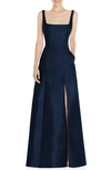 Alfred Sung Square Neck Satin A-line Gown In Blue