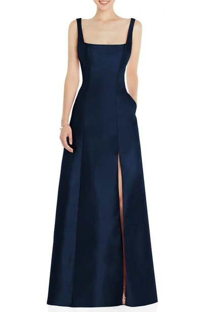 Alfred Sung Square Neck Satin A-line Gown In Midnight