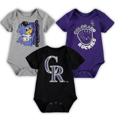 Outerstuff Babies' Infant Boys And Girls Black, Heathered Gray, Purple Colorado Rockies Change Up 3-pack Bodysuit Set In Black,heathered Gray,purple