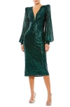 Mac Duggal Sequin Structured Bishop-sleeve Midi Dress In Green