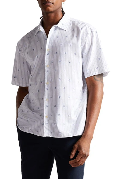 Ted Baker Floral Stripe Short Sleeve Cotton Button-up Shirt In White