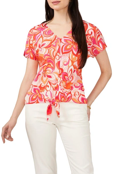 Chaus V-neck Tie Front Top In Peach/ Red/ Coral