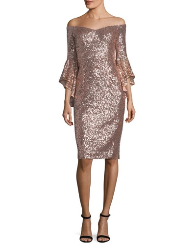 Milly Selena Off-the-shoulder Bell-sleeve Sequined Cocktail Dress