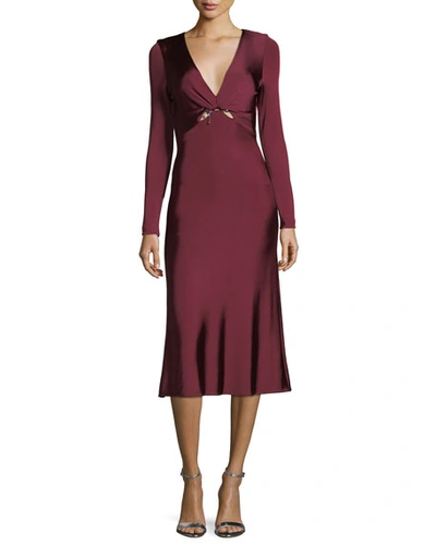 Cushnie Et Ochs Magdelena V-neck Long-sleeve Fitted Glossy Midi Cocktail Dress In Burgundy