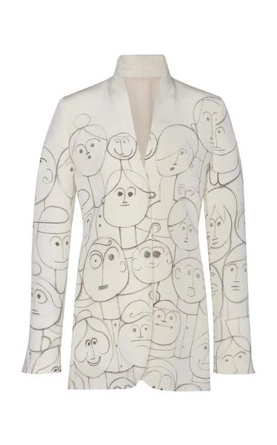 Akris Oliana Snap-front Silk Crepe Jacket With Faces-print In White