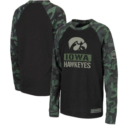 Colosseum Kids' Big Boys  Black, Camo Iowa Hawkeyes Oht Military-inspired Appreciation Raglan Long Sleeve T In Black,camo