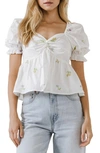 English Factory Floral Embroidered Puff Sleeve Babydoll Top In White Multi
