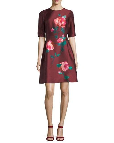 Lela Rose Elbow-sleeve Fit-and-flare Floral-print Cocktail Dress In Red Pattern