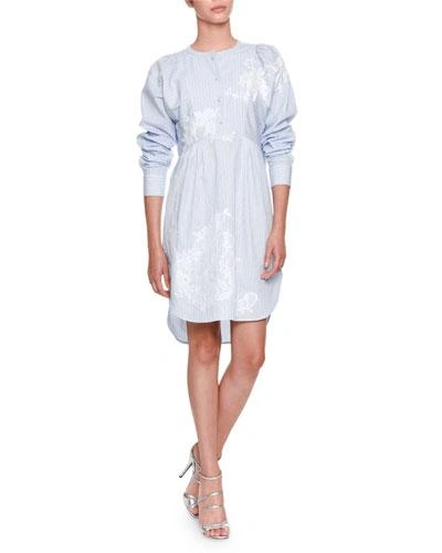 Ermanno Scervino Button-front Long-sleeve Striped Poplin Dress With Lace Detail In Sky