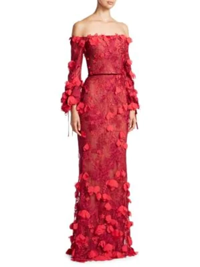 Marchesa Notte Off-the-shoulder 3d Floral Mermaid Evening Gown In Red