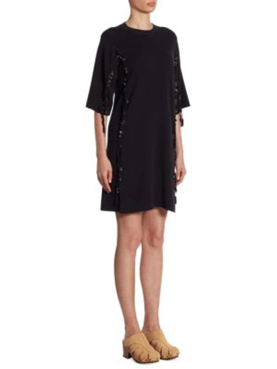 Chloé Elbow-sleeve Wool Lace-trim Dress In Navy