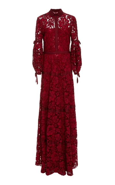 Lela Rose Full-sleeve Lace Shirtwaist Gown In Wine