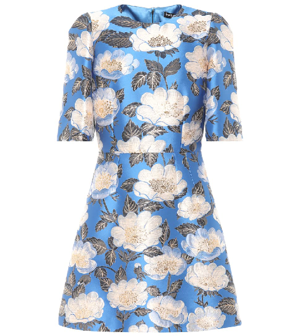 Dolce & Gabbana High-Neck Elbow-Sleeve Jacquard Cocktail Dress In Blue ...