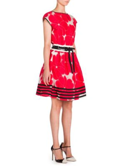 Giorgio Armani High-neck Cap-sleeve Floral-jacquard Cotton-silk Dress In Red Multi